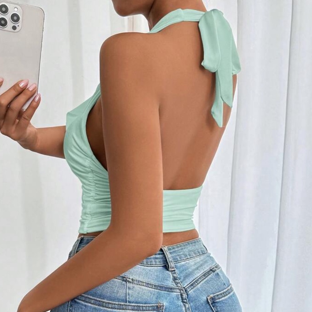 Ruffle Halter V-Neck Halter - Picture 2 of 6